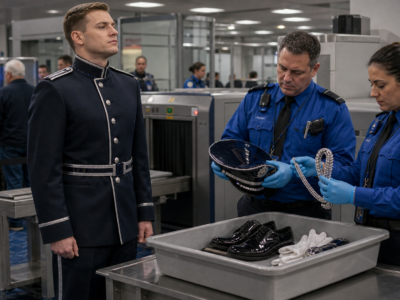 Generic futuristic military dress uniform being inspected at airport security