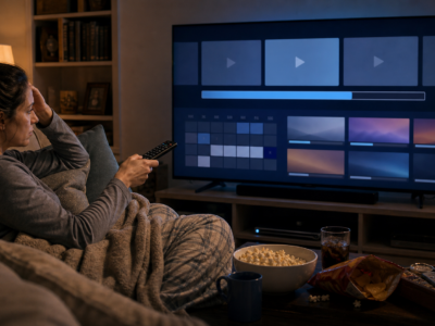 Tired viewer facing a generic streaming interface and calendar blocks