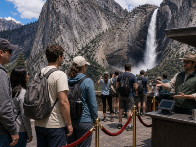 Visitors in a velvet-rope queue near a Yosemite-like waterfall overlook