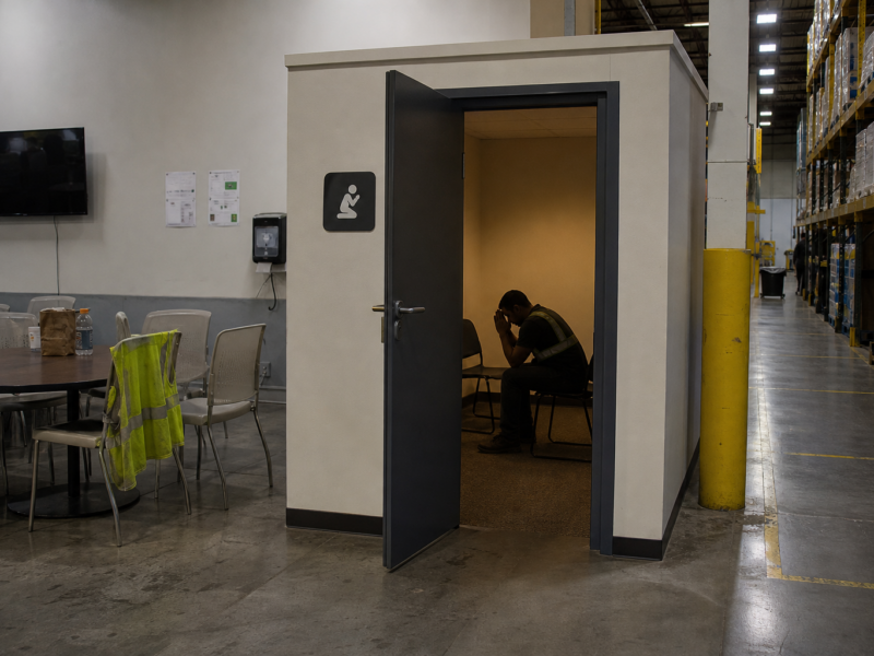Warehouse breakroom beside a small quiet room and storage shelving