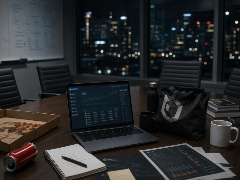 Startup conference room with a blurred crypto dashboard and empty chairs