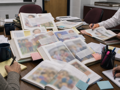 Table of open school textbooks with blurred pages and review notes