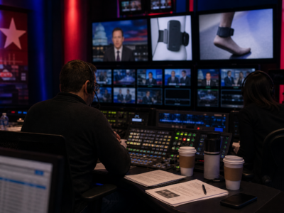 Television control room with blurred news monitors and ankle monitor product imagery