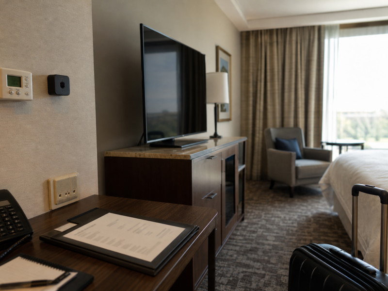 Hotel room with a tiny camera-like device near the thermostat and invoice on desk