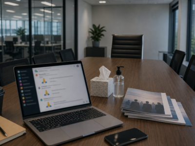 Office conference room with workplace chat open on a laptop and empty HR chair