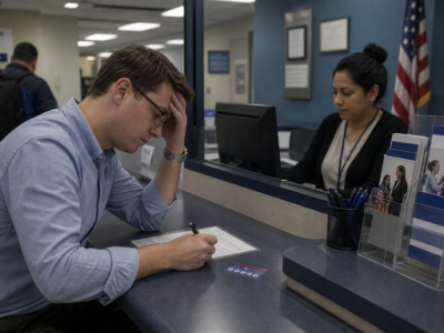 Federal office counter with a plastic card, forms, and worker filling out paperwork
