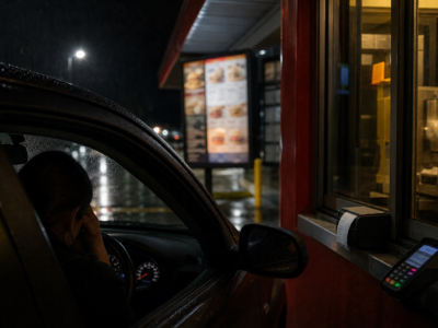 Rainy fast-food drive-thru payment window with blurred menu board