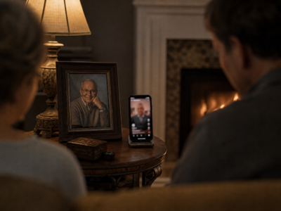 Living room memorial photo beside a phone showing a blurred vertical video interface
