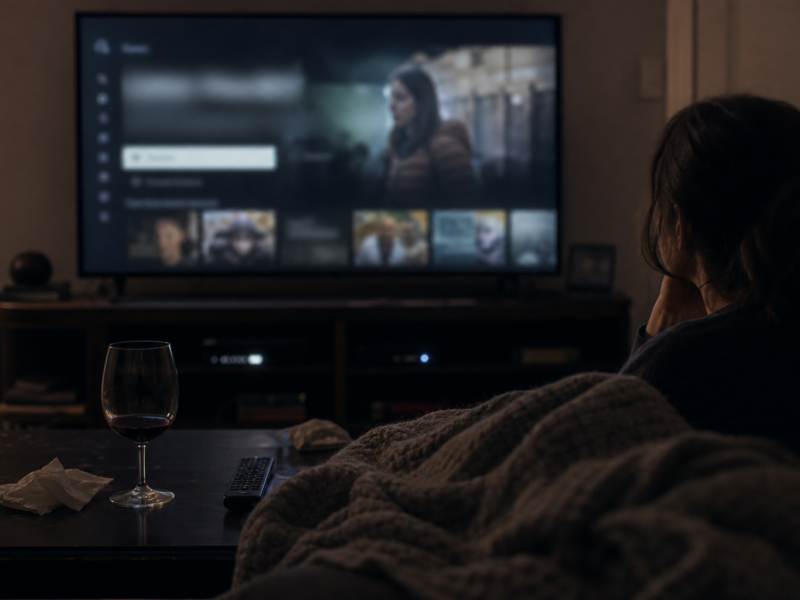 Dark living room with blurred streaming menu, remote, blanket, and wine glass