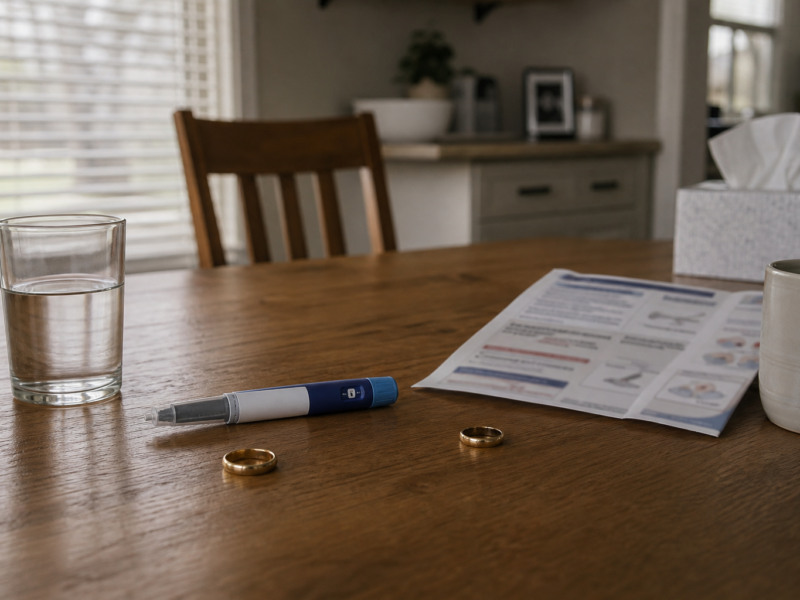Kitchen table with generic injection pen, water glass, and separated wedding rings