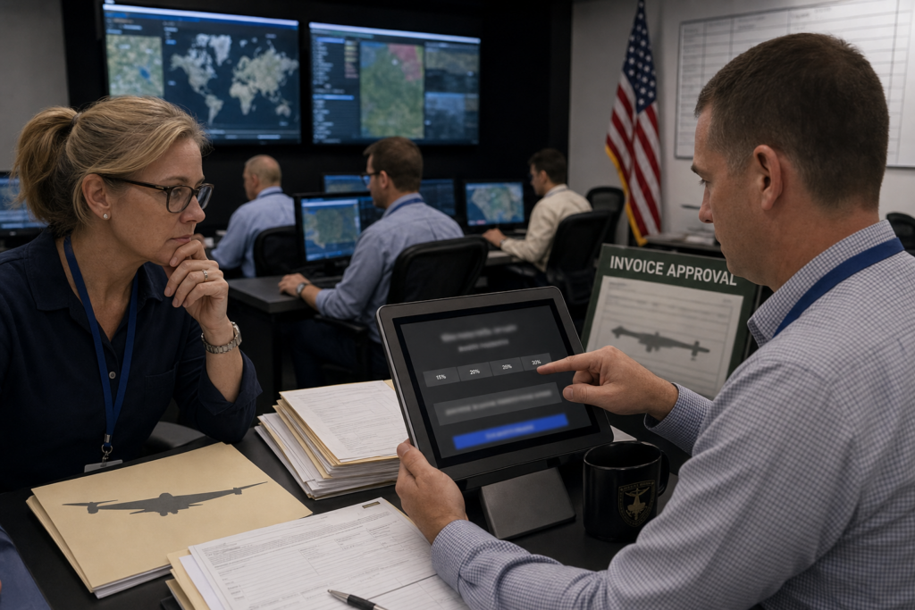 Defense contractor operations room with tablet payment screen and blurred monitors