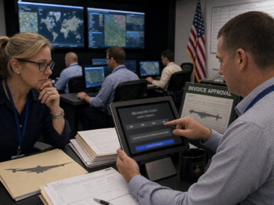 Defense contractor operations room with tablet payment screen and blurred monitors