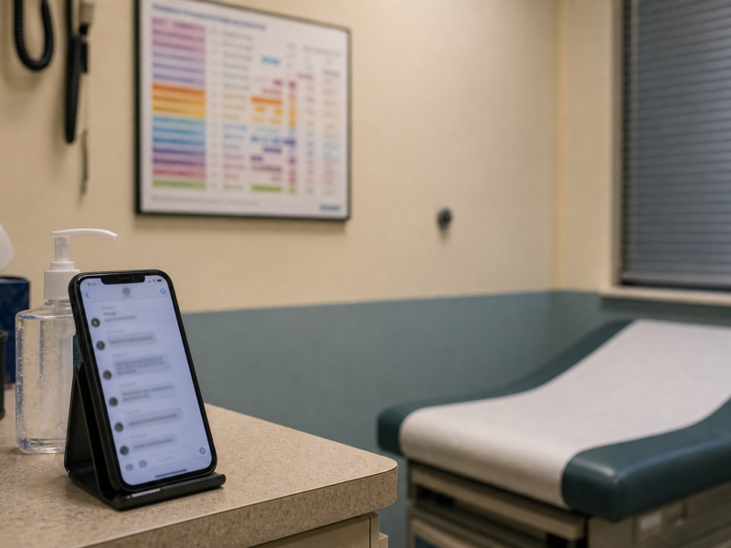 Clinic exam room with phone group chat beside a blurred vaccine schedule poster