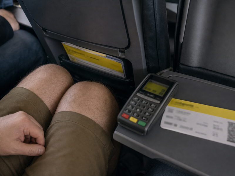 Cramped airplane row with passenger knees near seatback and payment terminal nearby