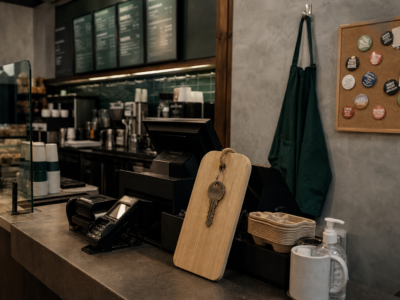 Coffee shop counter with oversized bathroom key tag and employee apron