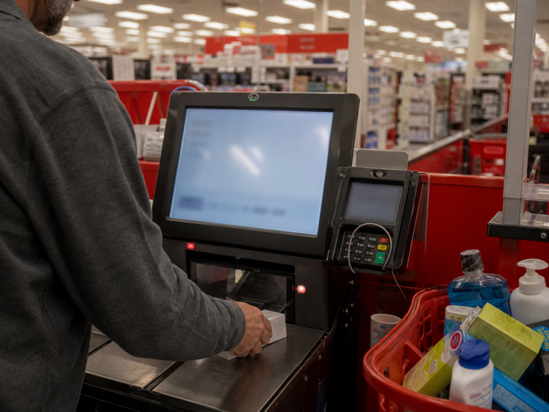 Big-box self-checkout lane with blurred screen and shopping basket