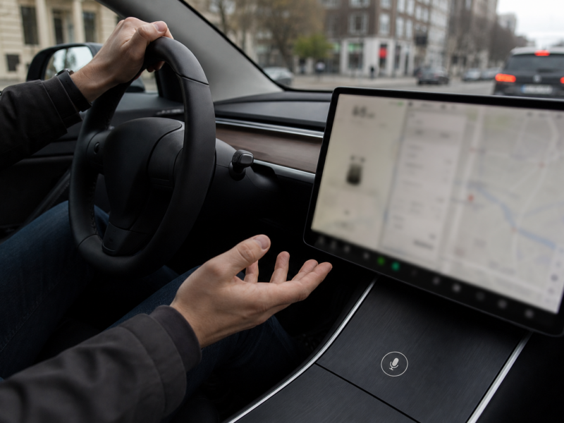 Electric car interior with driver at wheel and blurred dashboard screen