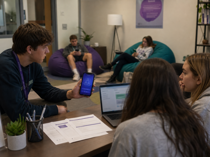 College wellness office with smartphone app, lanyards, and tuition paperwork