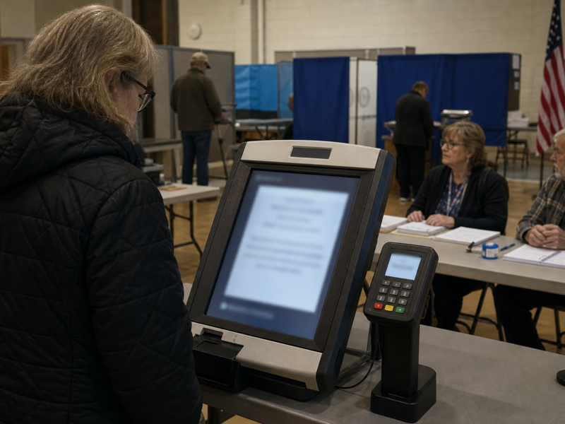 Polling place with voting machine, donation terminal, and election workers