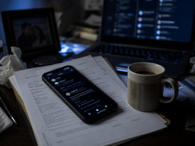 Home office desk with phone social reply interface and divorce paperwork