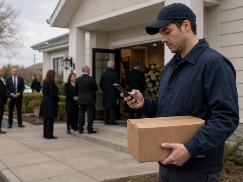 Delivery driver holding a package outside a funeral reception hall