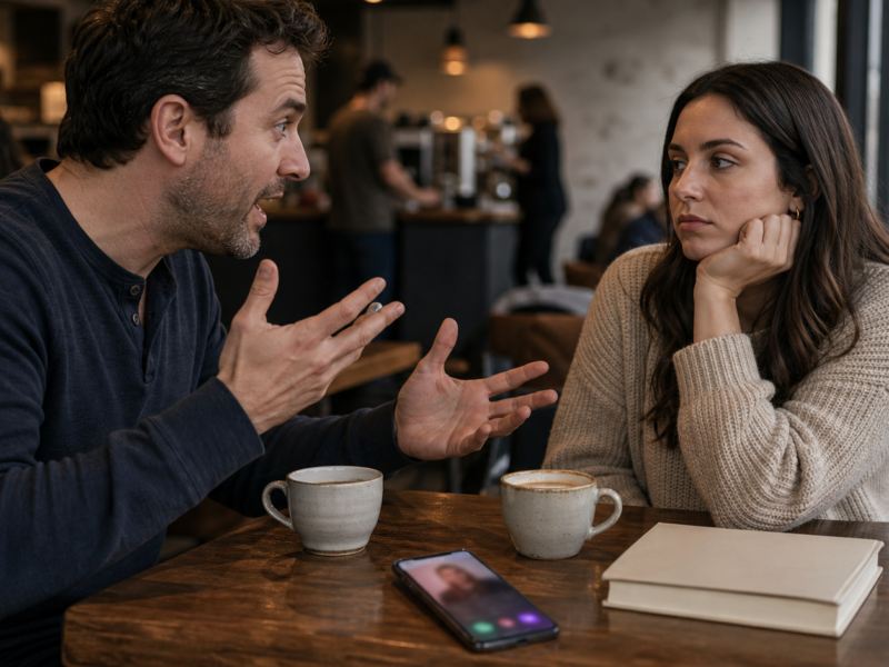 Awkward coffee shop date with a phone and therapy book on the table