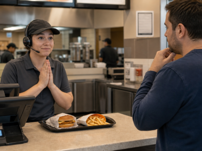 Fast food employee making a prayer-like customer service gesture at the counter