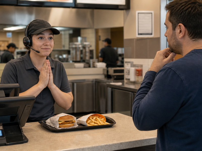 Fast food employee making a prayer-like customer service gesture at the counter
