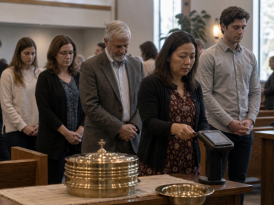 Church congregation lined up near a payment terminal beside the communion table