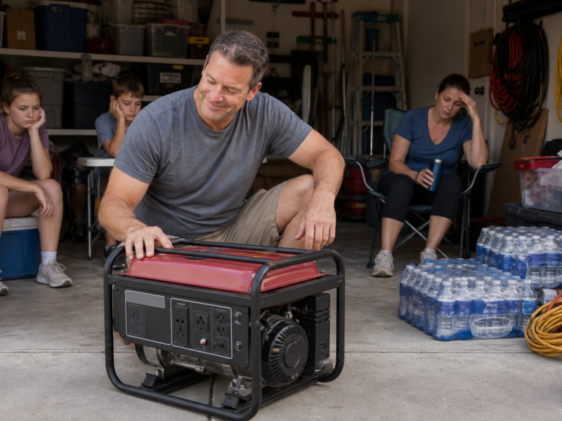 Suburban father admiring a portable generator in a storm-prep garage