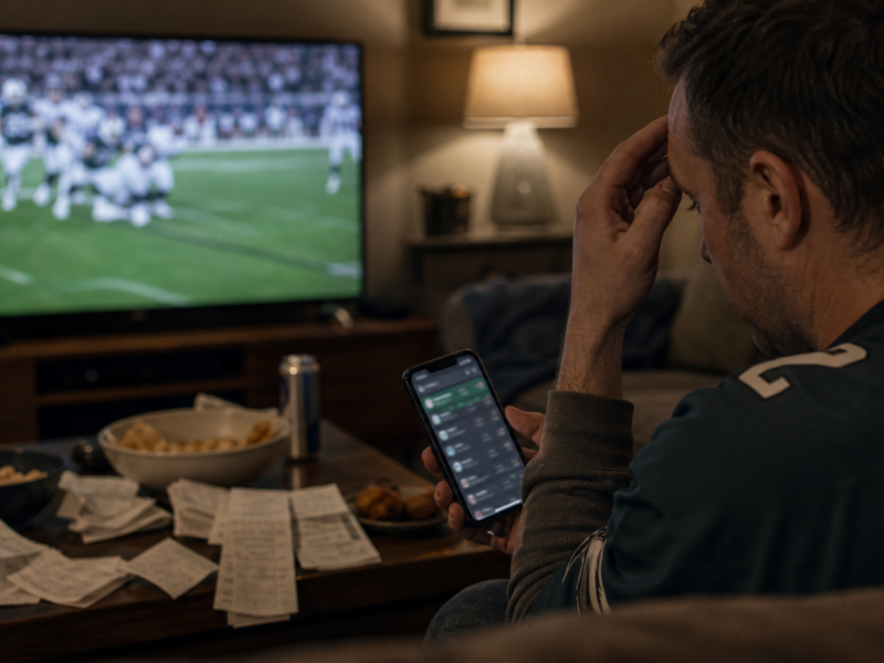 Sports fan using a betting app in a dim living room