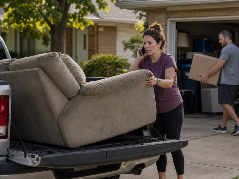 Used couch being loaded into a truck during a tense suburban move