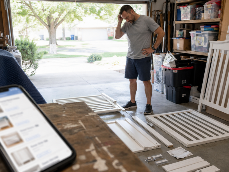 Disassembled baby crib parts and a phone in a suburban garage