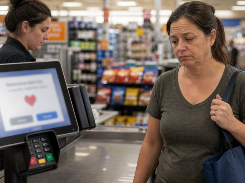 Supermarket checkout payment terminal beside a wary shopper