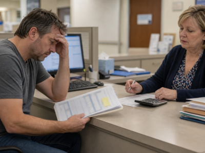 Anxious patient reviewing paperwork at a hospital billing desk