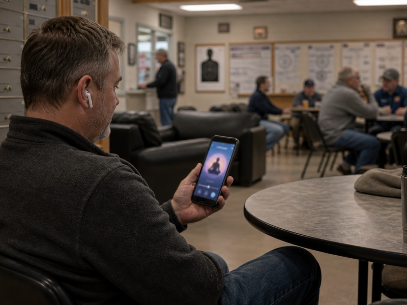 Man using a meditation app inside a quiet club lounge with mailboxes nearby
