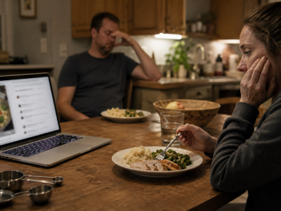 Home kitchen table with laptop, dinner plate, and tired spouse in the background