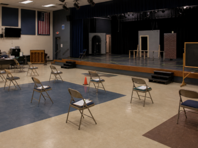 Empty high school auditorium arranged for a safety drill and drama class