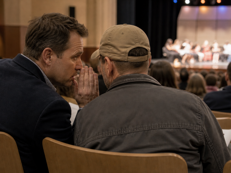 Two fathers whispering during a school recital in an auditorium