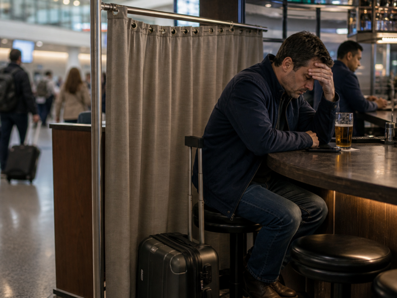 Airport bar stool with a small privacy curtain beside a tired traveler