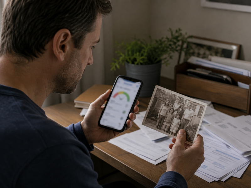 Phone showing a blurred credit score app beside an old family photo