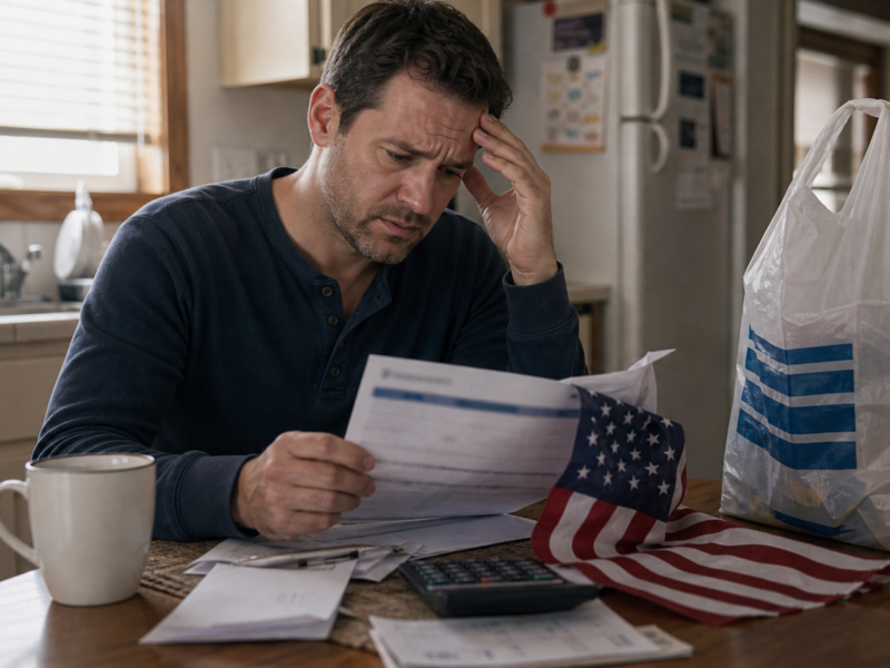 Tiny American flag draped over a blurred overdraft notice on a kitchen table
