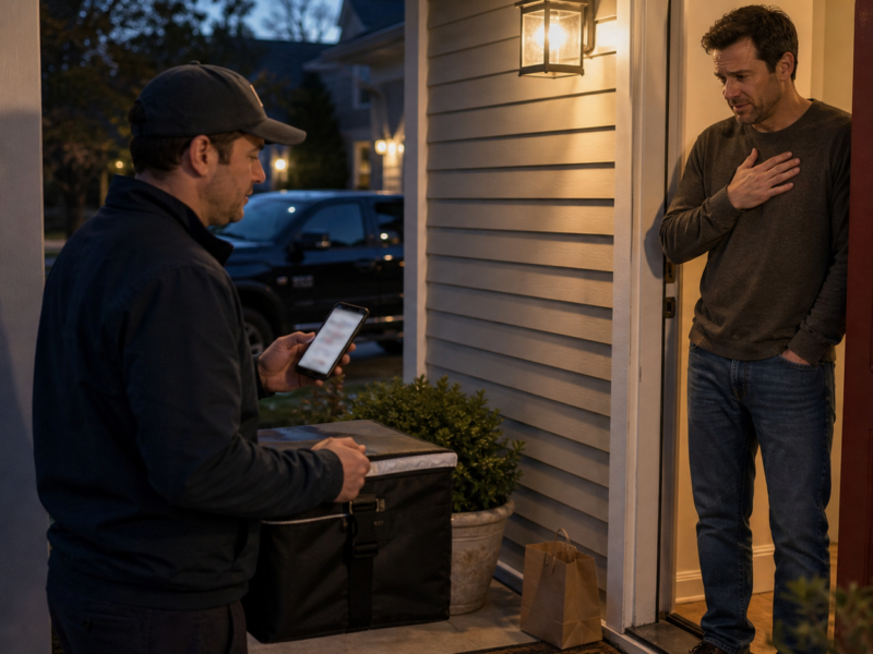 Delivery driver waiting on a porch while a customer looks awkward at the door