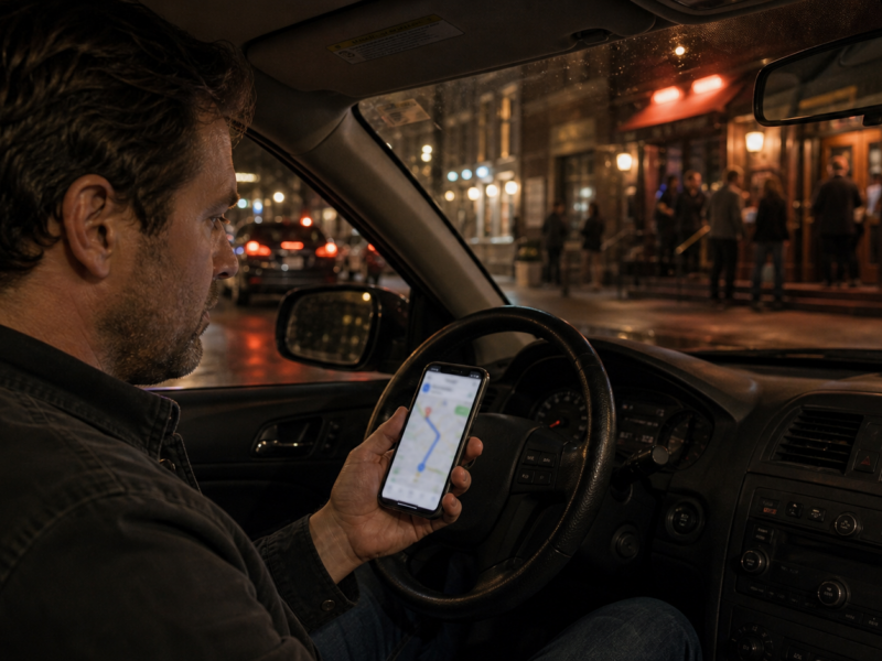 Driver looking at a blurred map app on a nightlife street