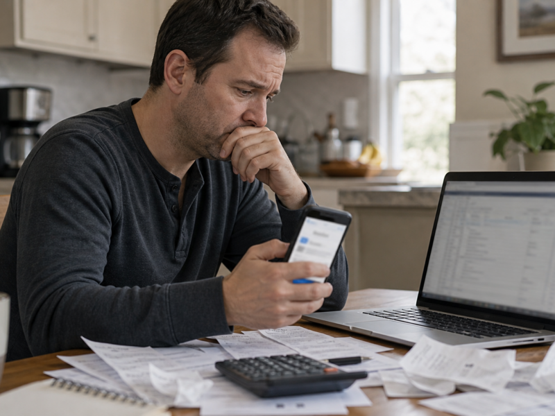 Adult preparing taxes beside a phone payment app and scattered receipts