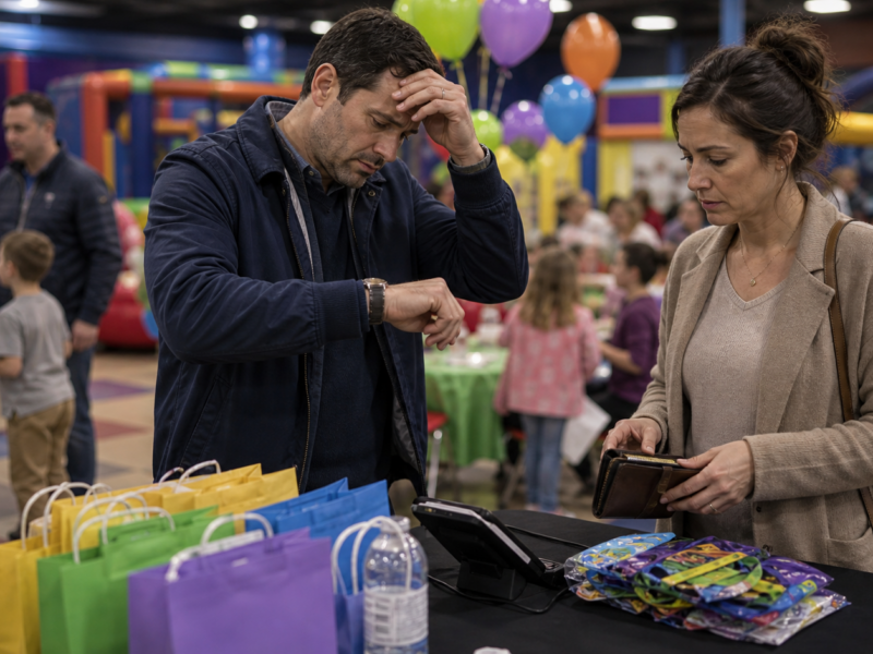 Parents at a birthday party exit table with a card reader and party favors