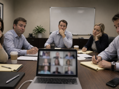 Tired office workers in a video meeting around a conference table