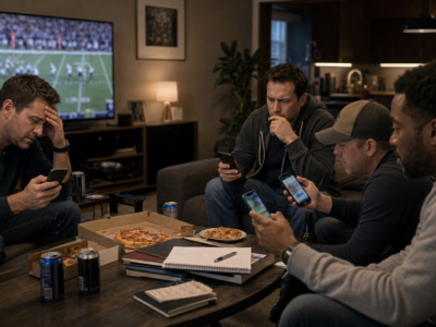 Group of men checking phones while watching football in a living room