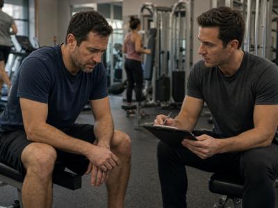 Gym trainer speaking with a seated man on a weight bench
