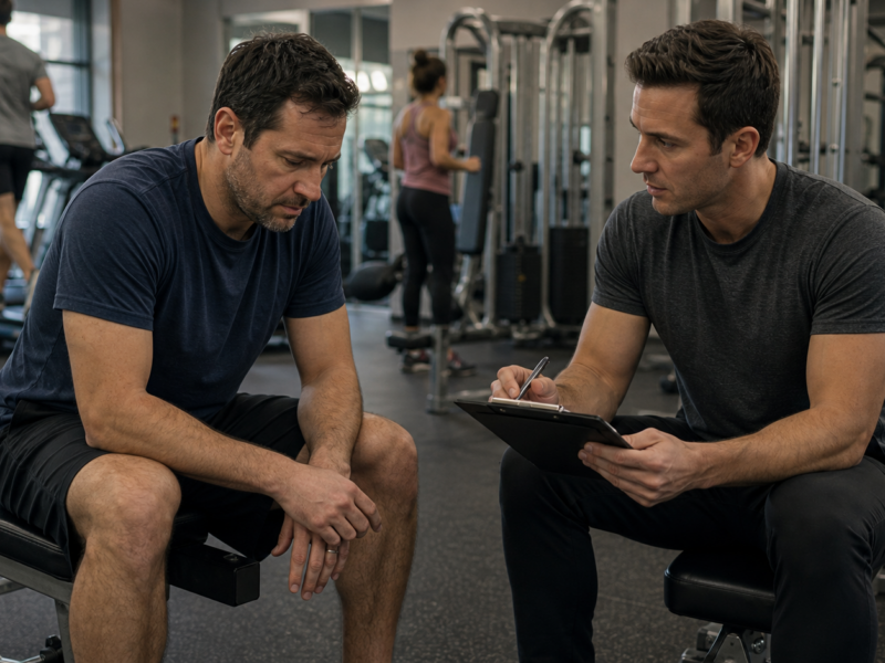 Gym trainer speaking with a seated man on a weight bench